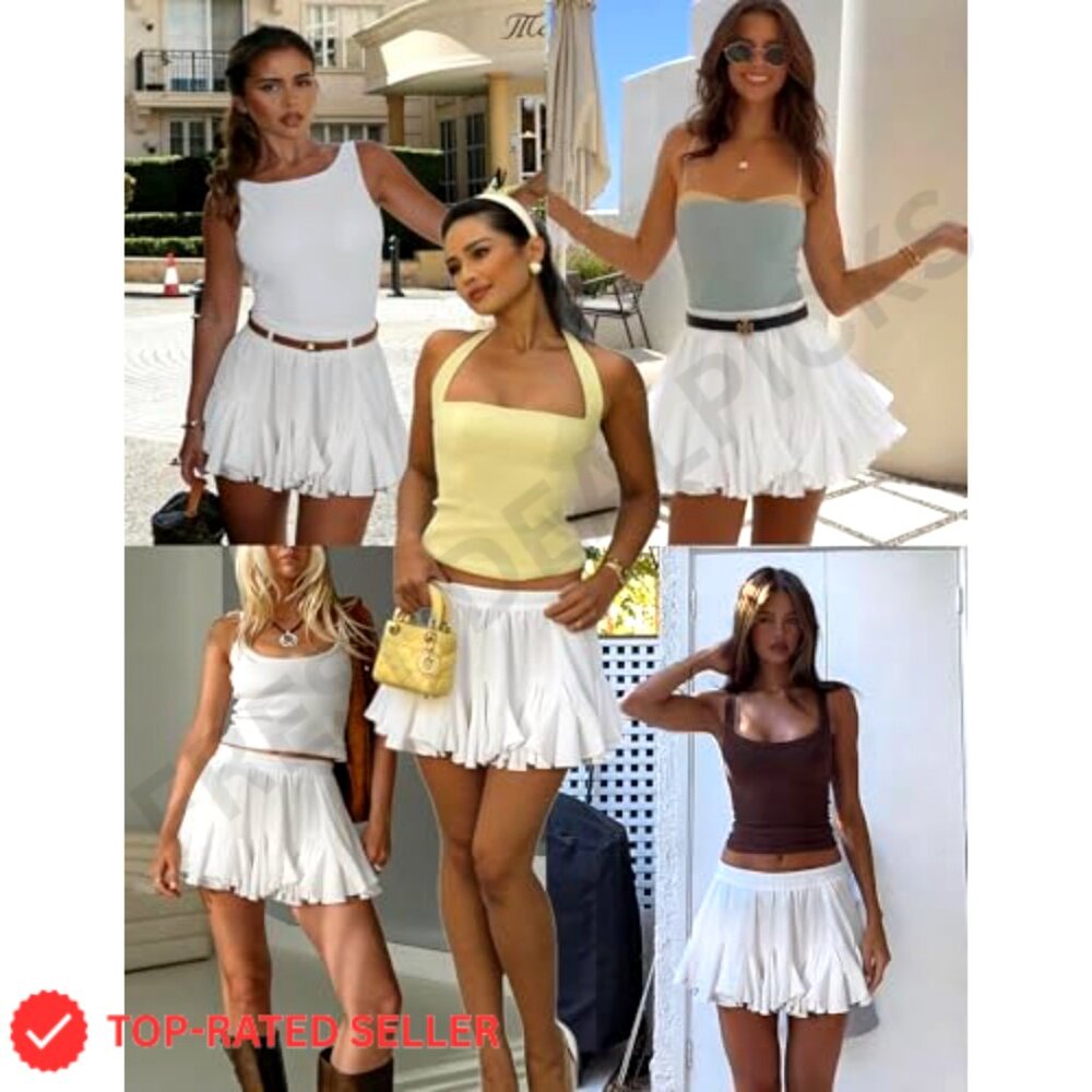 Pleated Skater Skirt High Waisted Flared Mini Casual Ruffles Y2K Chic - Picture 2 of 7